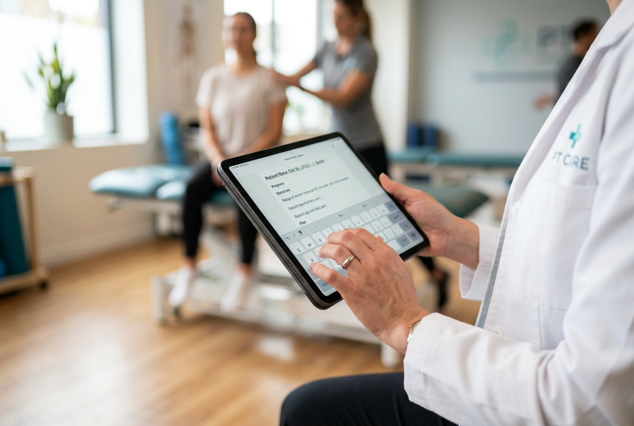 Close-up of a practitioner capturing clinical notes on a tablet