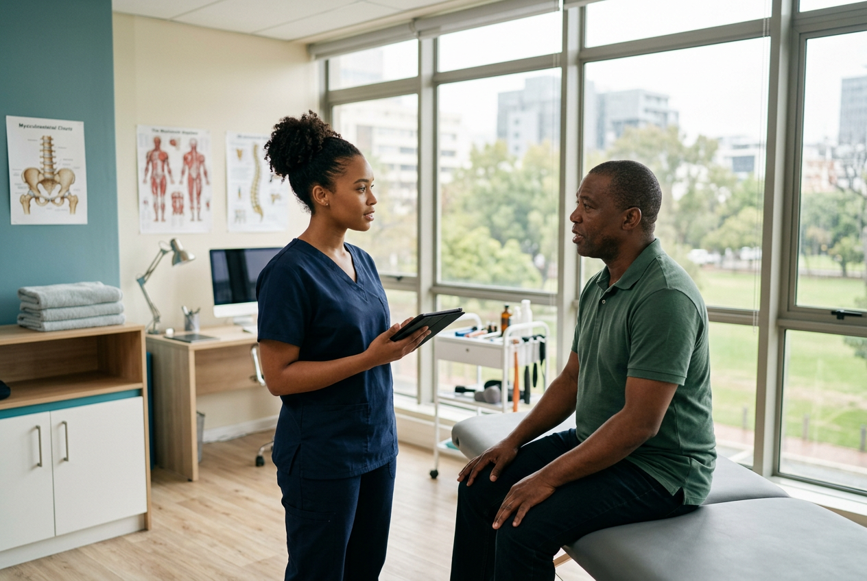A physiotherapist using the BIO-MEDI tablet interface while attending to a patient